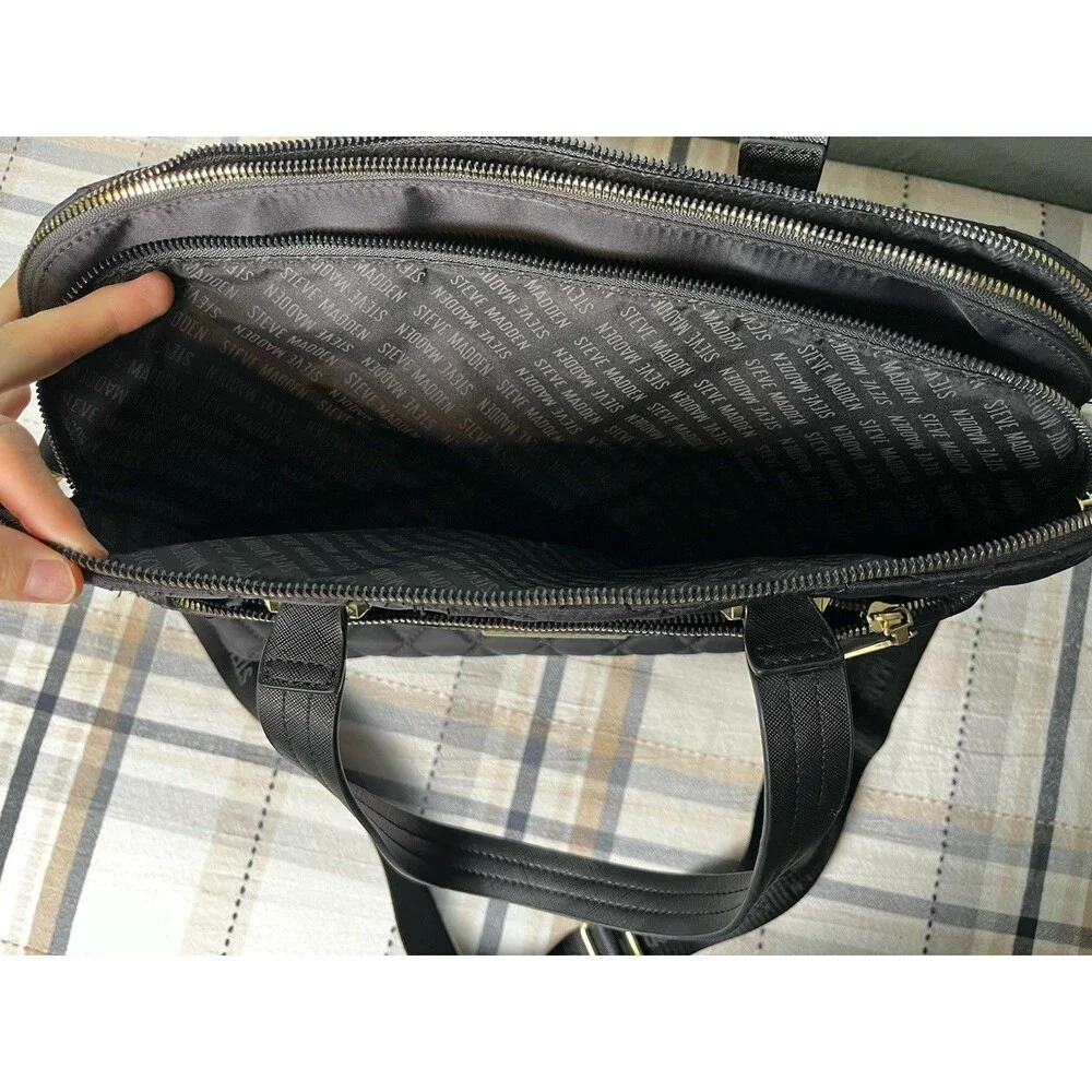 Steve Madden Laptop Book Bag Messenger Black Quilted Padded Logo Strap